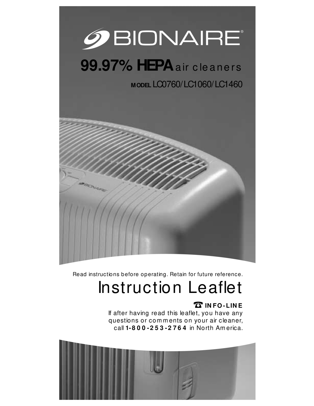Sharp manual Info-Line, 99.97% HEPA air cleaners, Instruction Leaflet, MODEL LC0760/LC1060/LC1460 