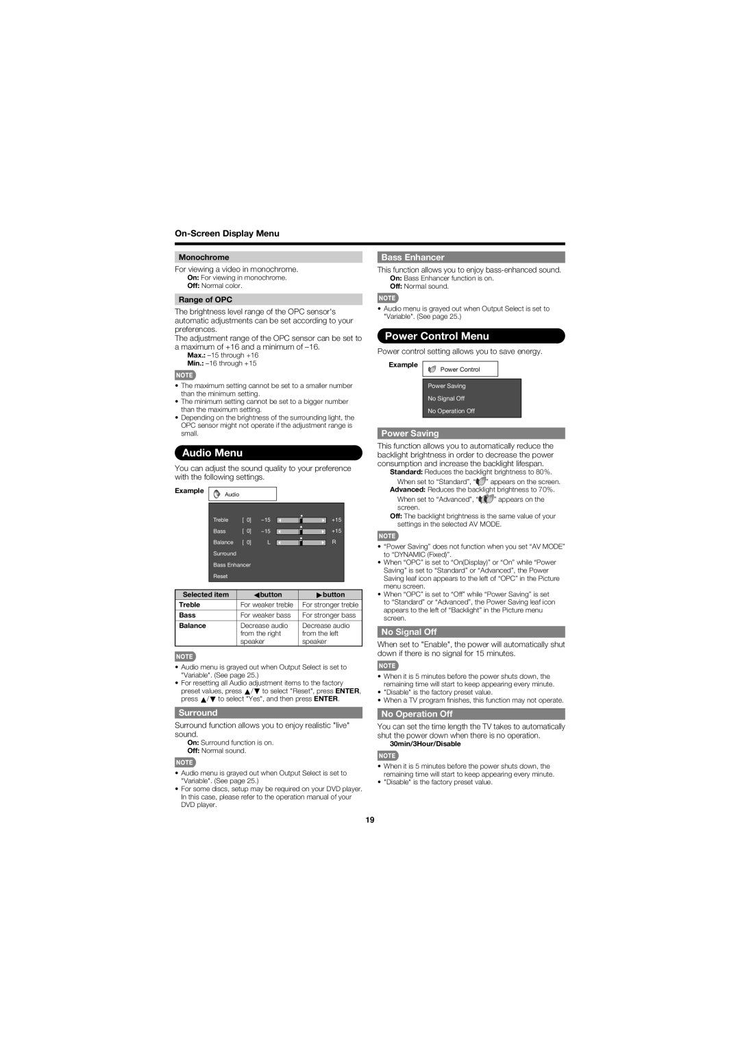 Sharp LC32D47UT operation manual Audio Menu, Power Control Menu 