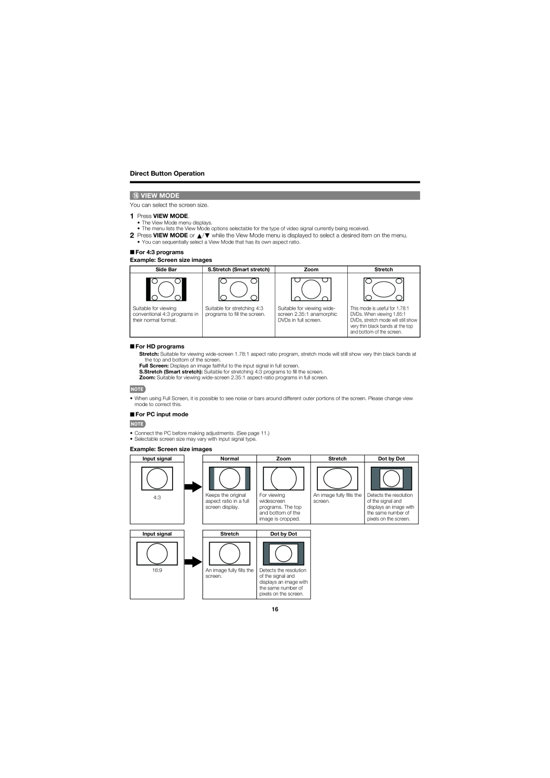 Sharp LC32D47UT View Mode, You can select the screen size, Press VIEW MODE, For HD programs, For PC input mode, Side Bar 