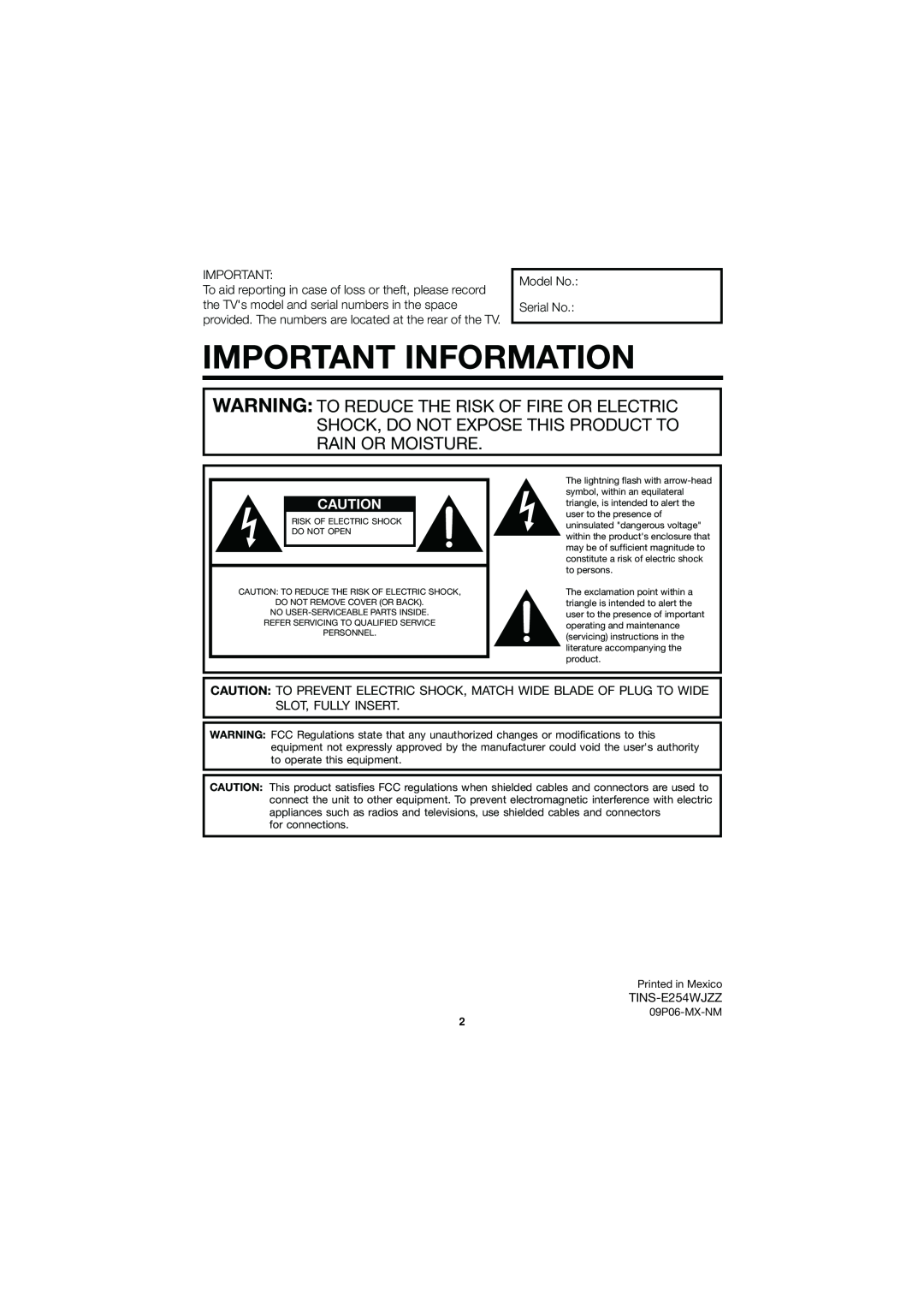 Sharp LC32D47UT operation manual Important Information, Model No Serial No, TINS-E254WJZZ 