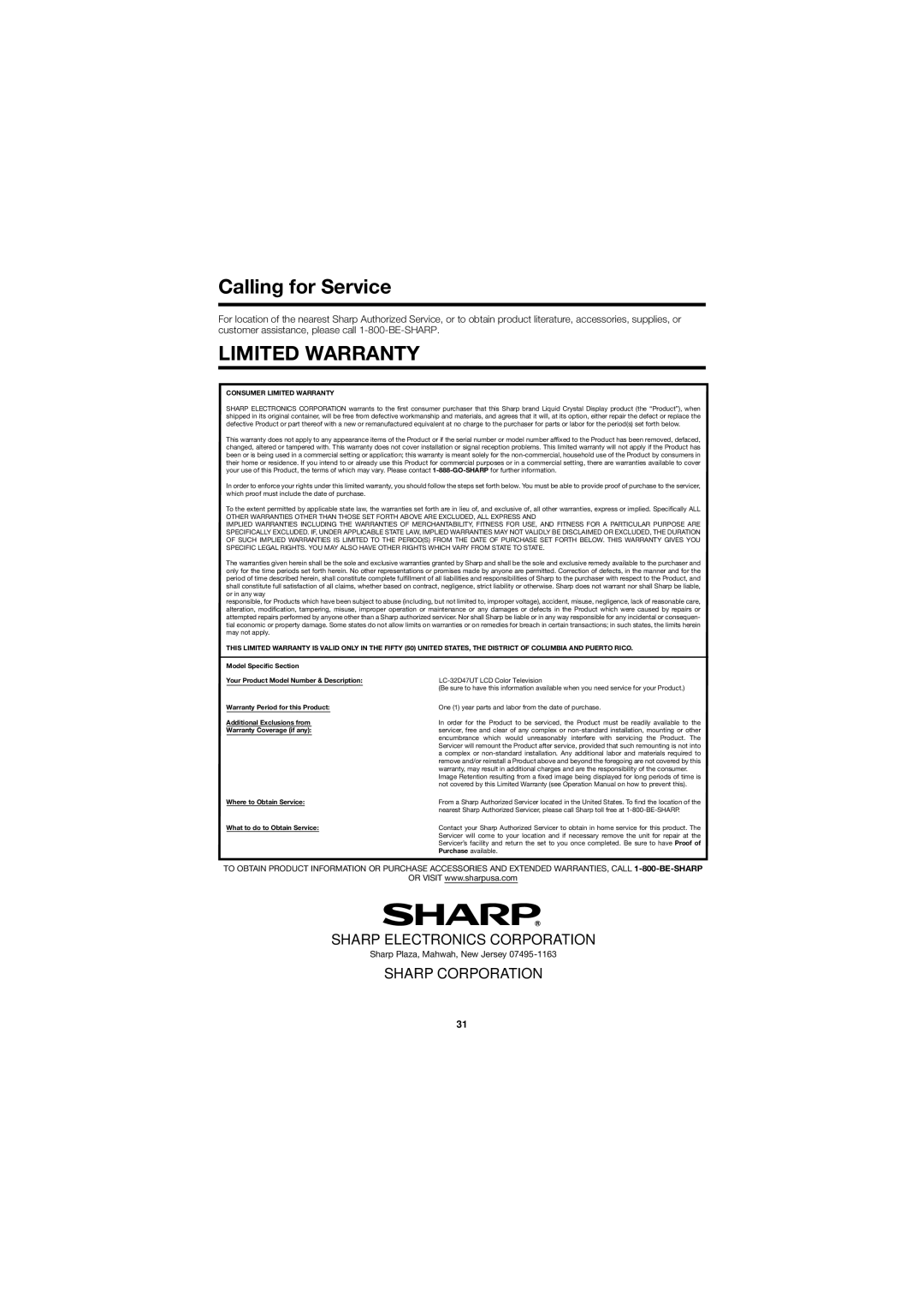Sharp LC32D47UT operation manual Calling for Service, Limited Warranty, Sharp Electronics Corporation, Sharp Corporation 