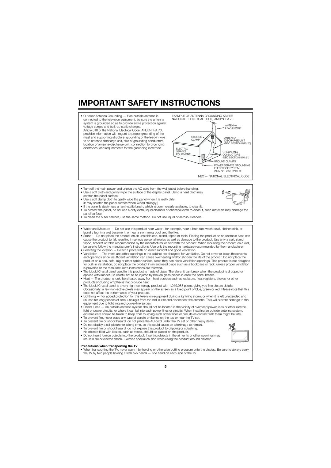 Sharp LC32D47UT operation manual Precautions when transporting the TV, Important Safety Instructions 