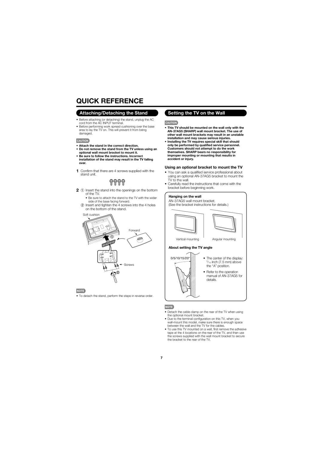 Sharp LC32D47UT Quick Reference, Attaching/Detaching the Stand, Setting the TV on the Wall, Hanging on the wall, details 