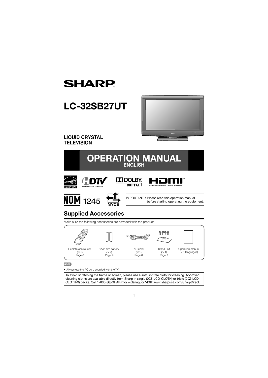 Sharp LC32SB27UT operation manual LC-32SB27UT, Supplied Accessories 