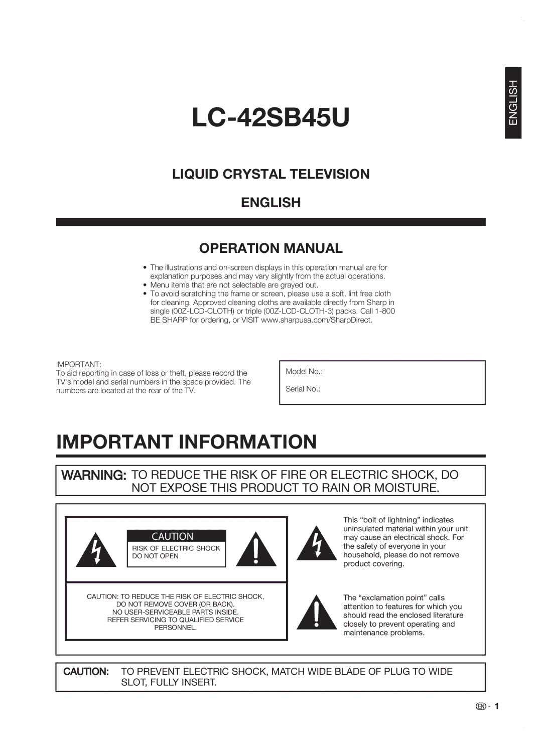 Sharp LC42SB45U operation manual LC-42SB45U, Important Information 