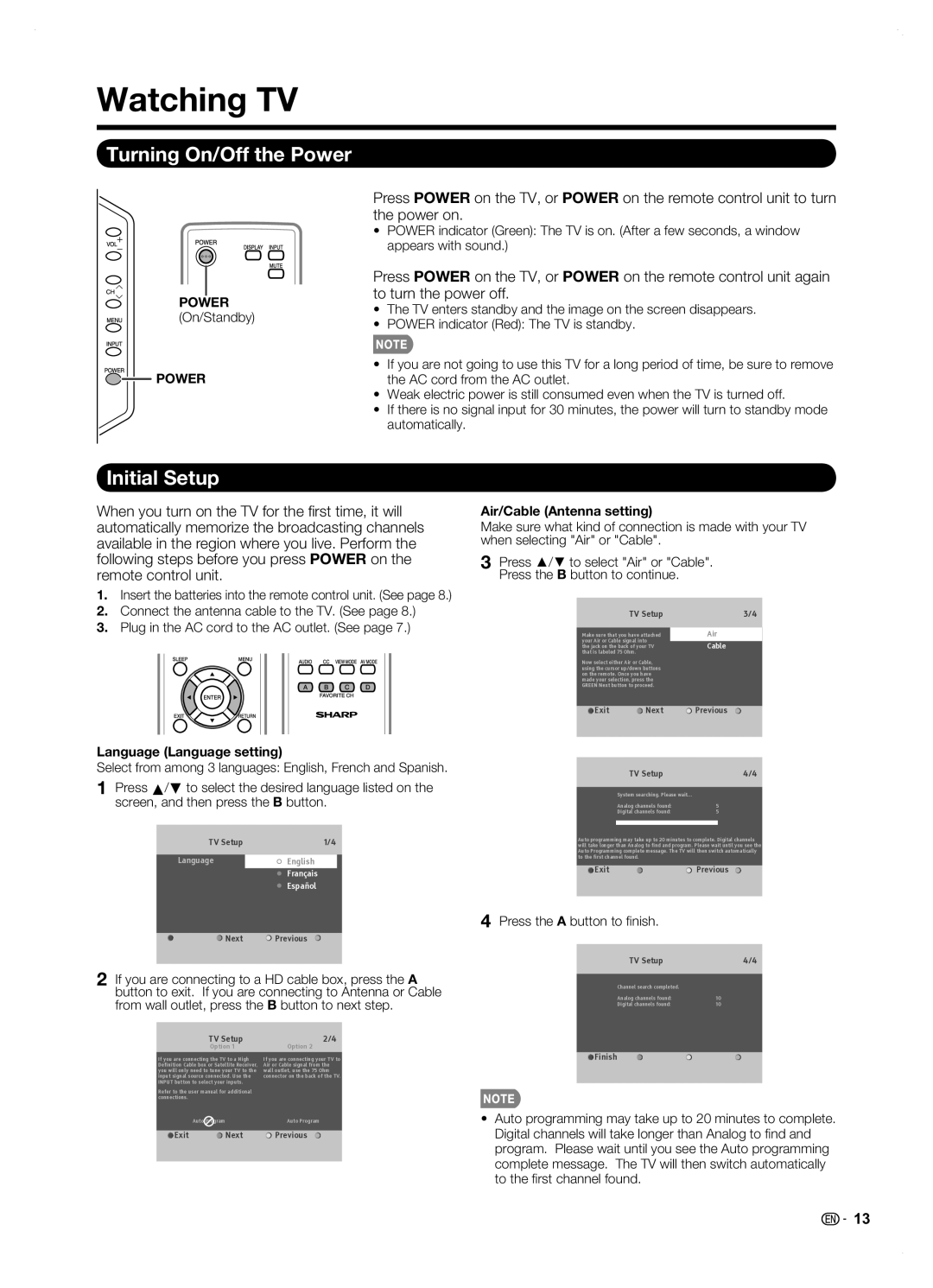 Sharp LC42SB45U Watching TV, Turning On/Off the Power, Initial Setup, Language Language setting, Air/Cable Antenna setting 