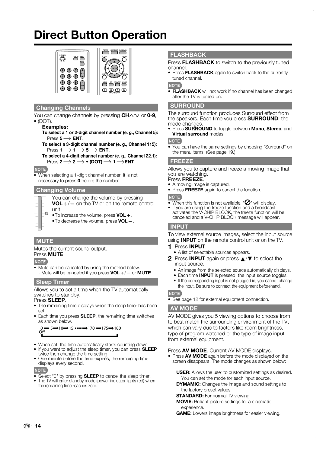 Sharp LC42SB45U operation manual Direct Button Operation, Changing Channels, Changing Volume, Sleep Timer, Examples 