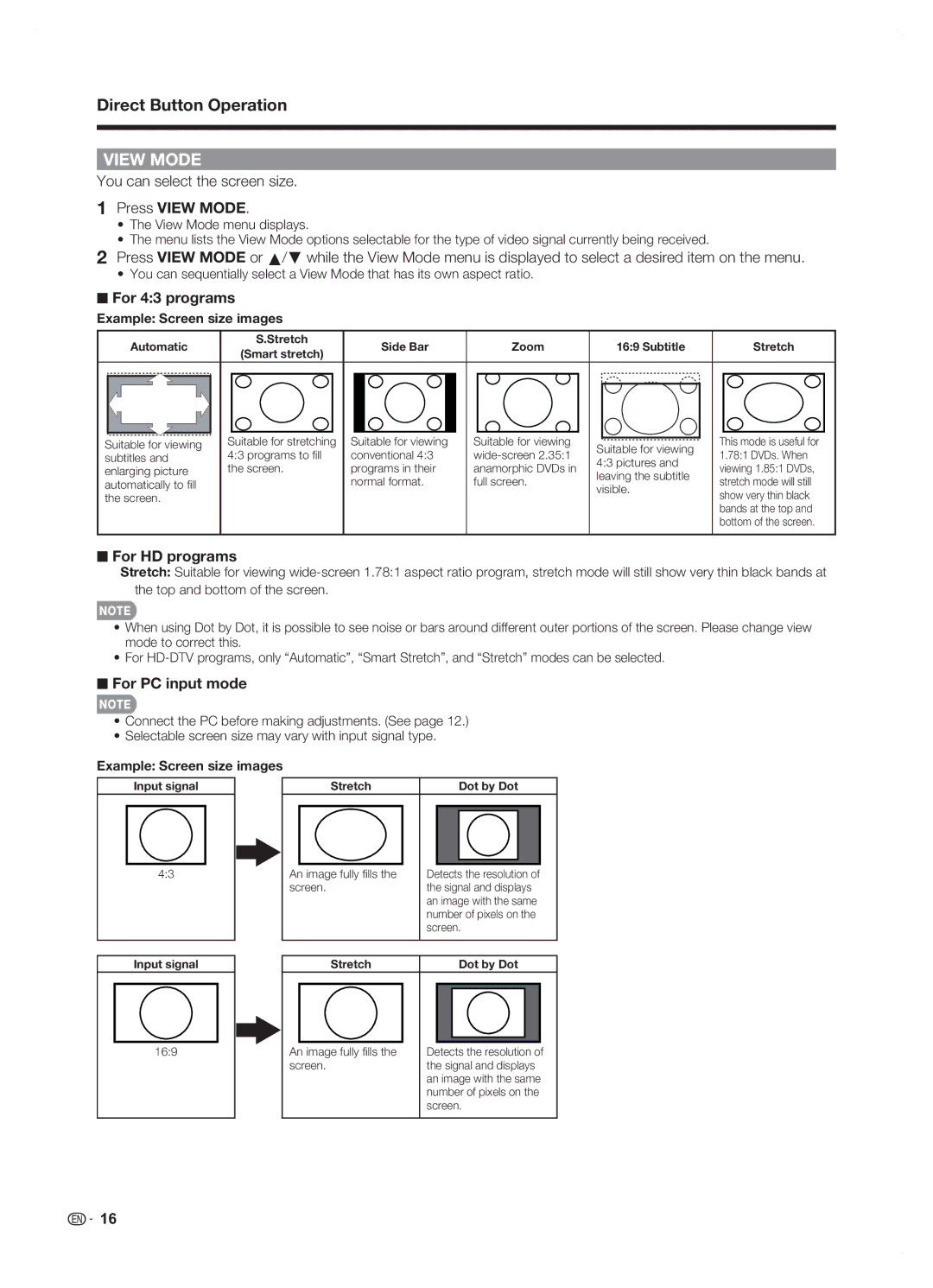 Sharp LC42SB45U You can select the screen size, Press View Mode, For 43 programs, For HD programs, For PC input mode 