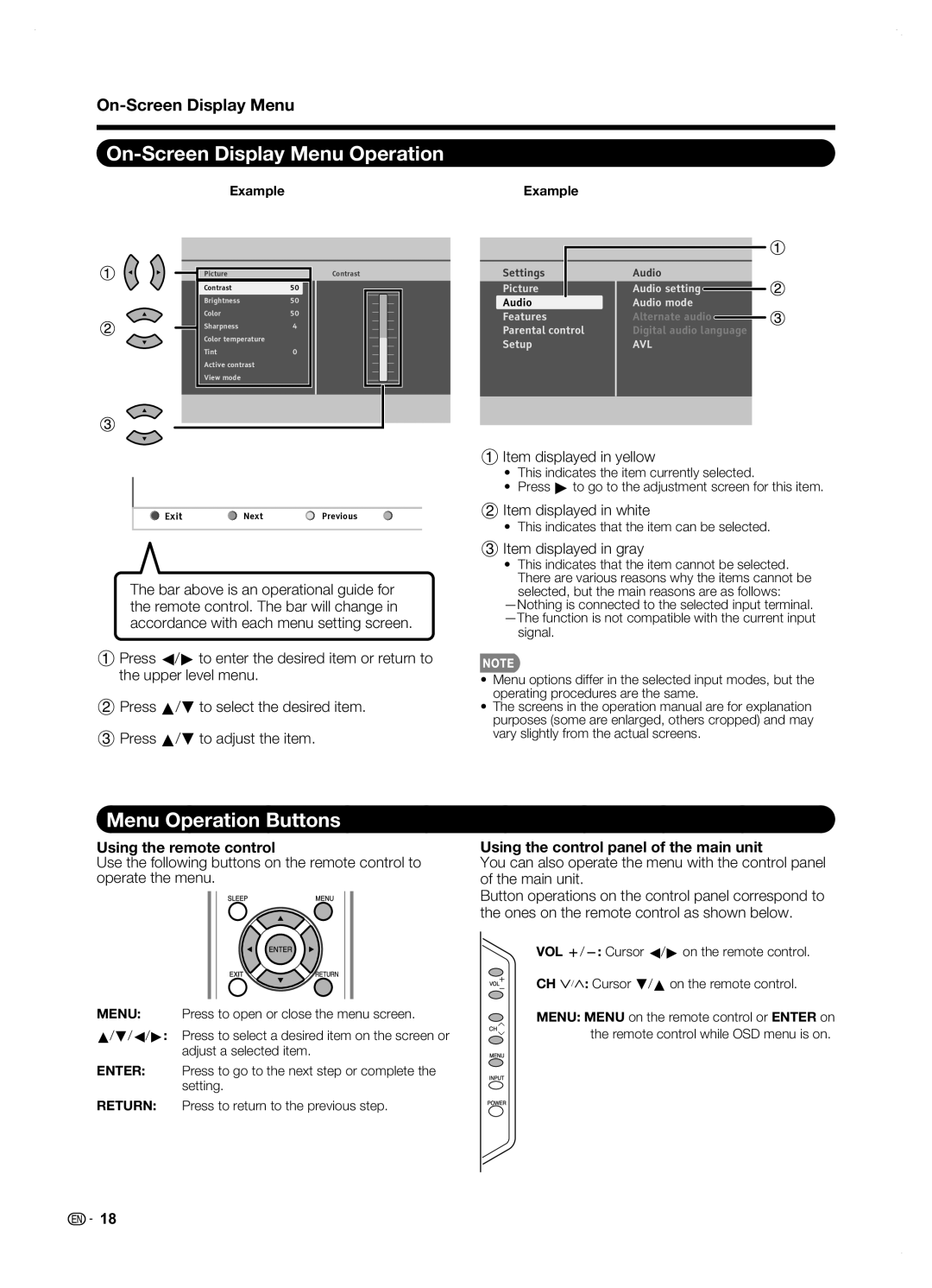 Sharp LC42SB45U operation manual On-Screen Display Menu Operation, Menu Operation Buttons, Using the remote control 