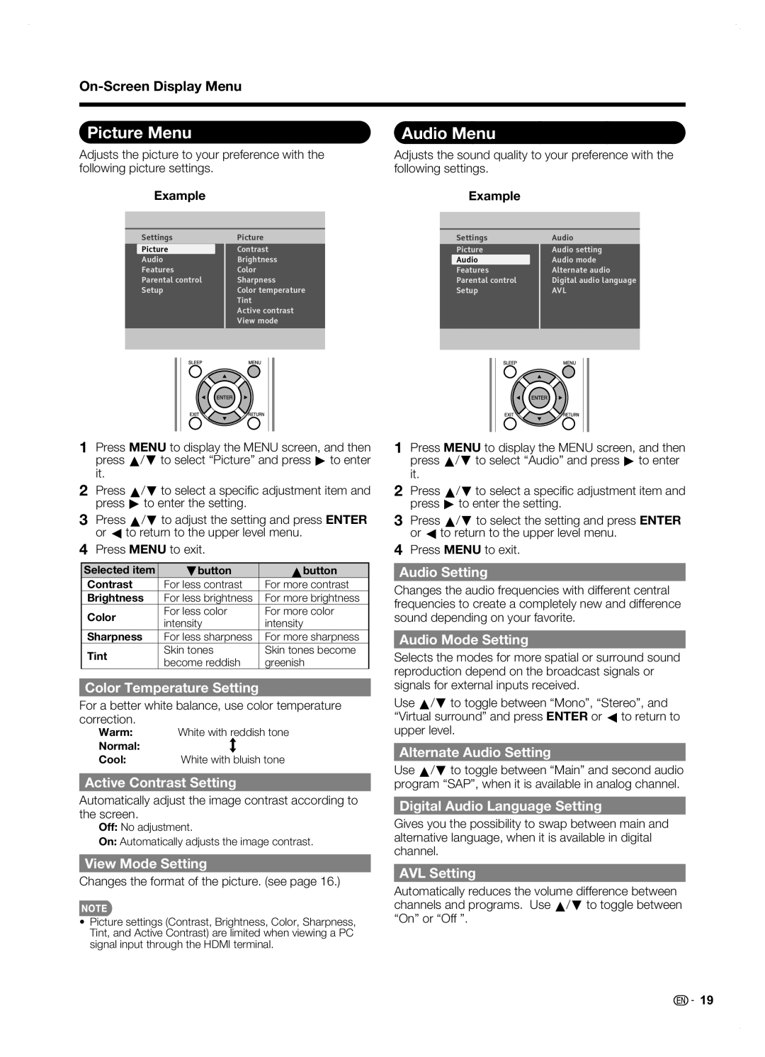 Sharp LC42SB45U operation manual Picture Menu Audio Menu 