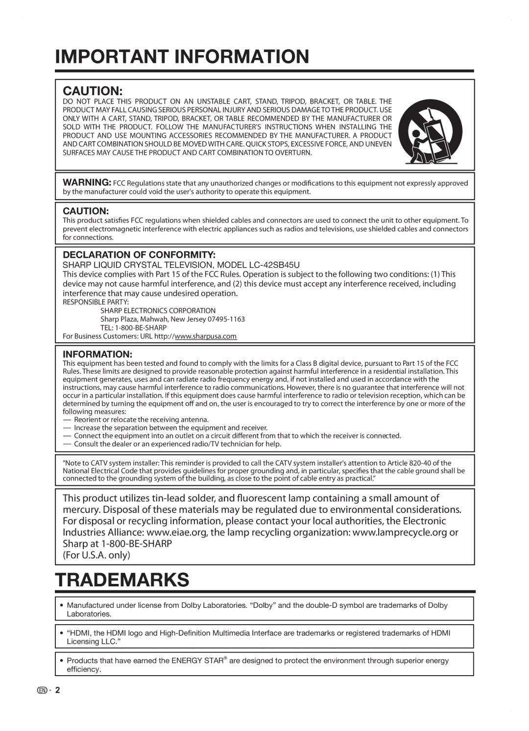 Sharp LC42SB45U operation manual Trademarks, Declaration of Conformity 