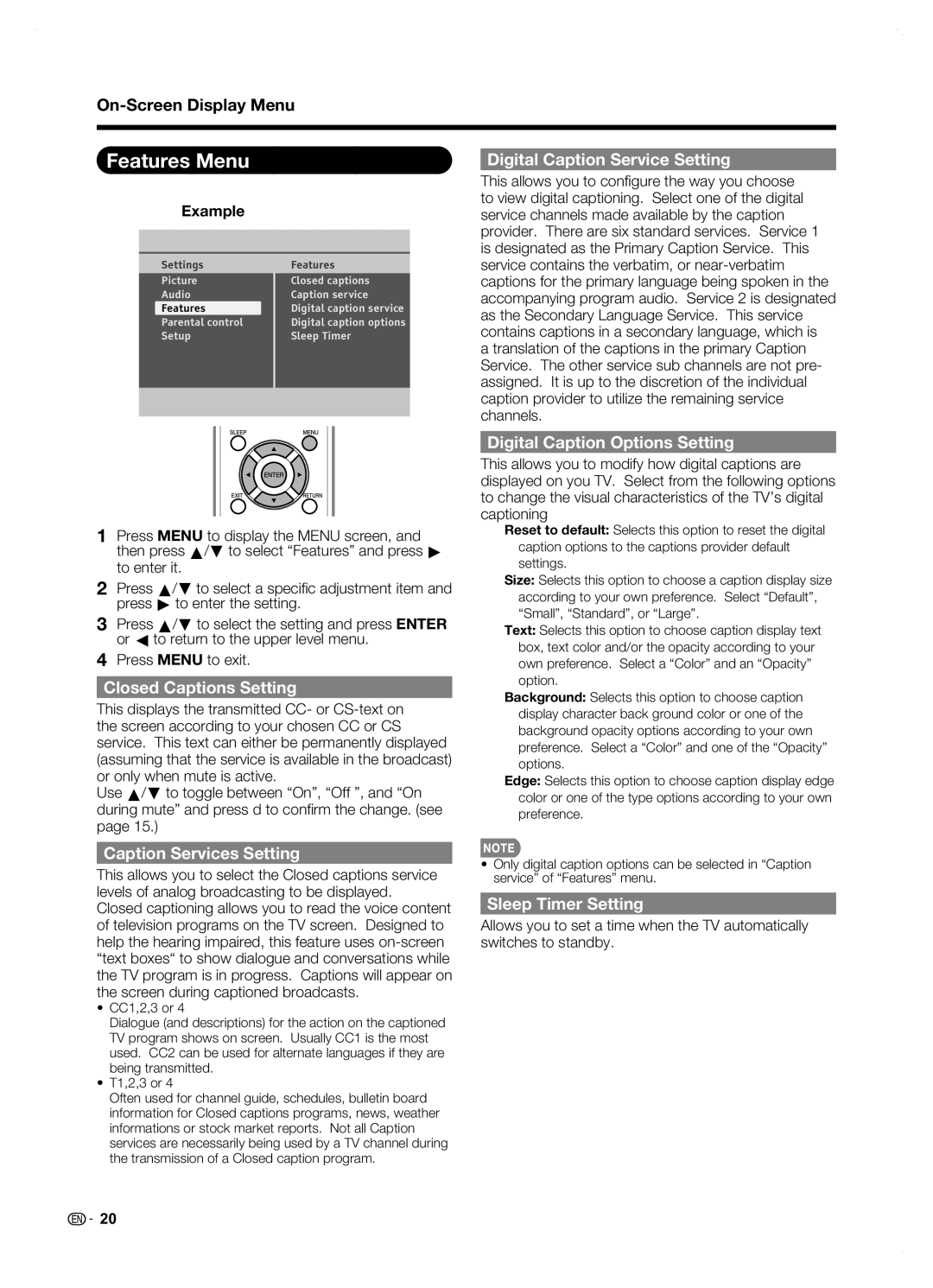 Sharp LC42SB45U operation manual Features Menu 