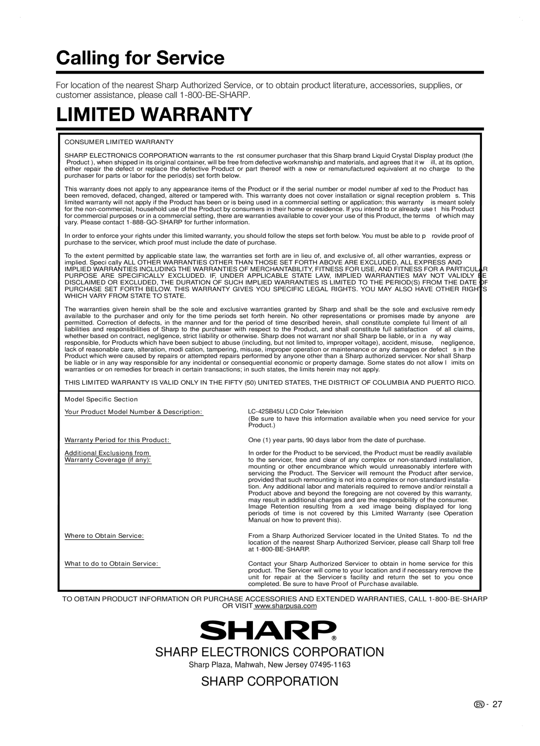 Sharp LC42SB45U operation manual Calling for Service, Limited Warranty 