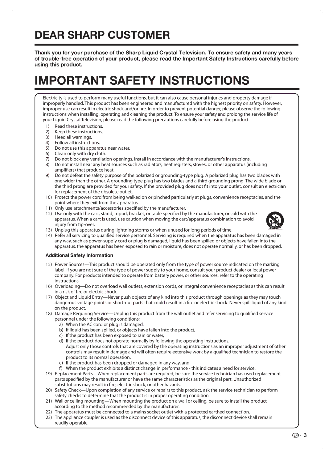 Sharp LC42SB45U operation manual Important Safety Instructions, Additional Safety Information 