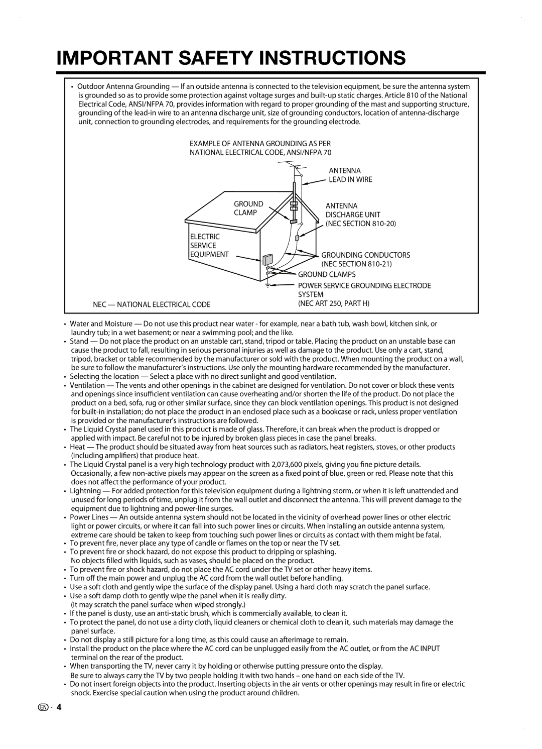 Sharp LC42SB45U operation manual Electric Service Equipment Grounding Conductors 