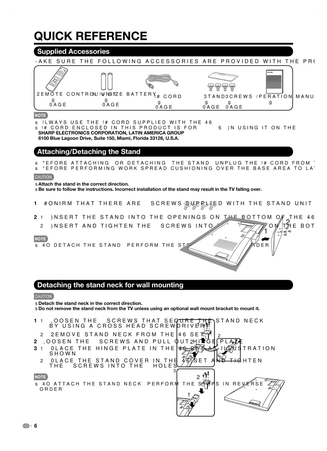 Sharp LC42SB45U operation manual Quick Reference, Supplied Accessories, Attaching/Detaching the Stand 