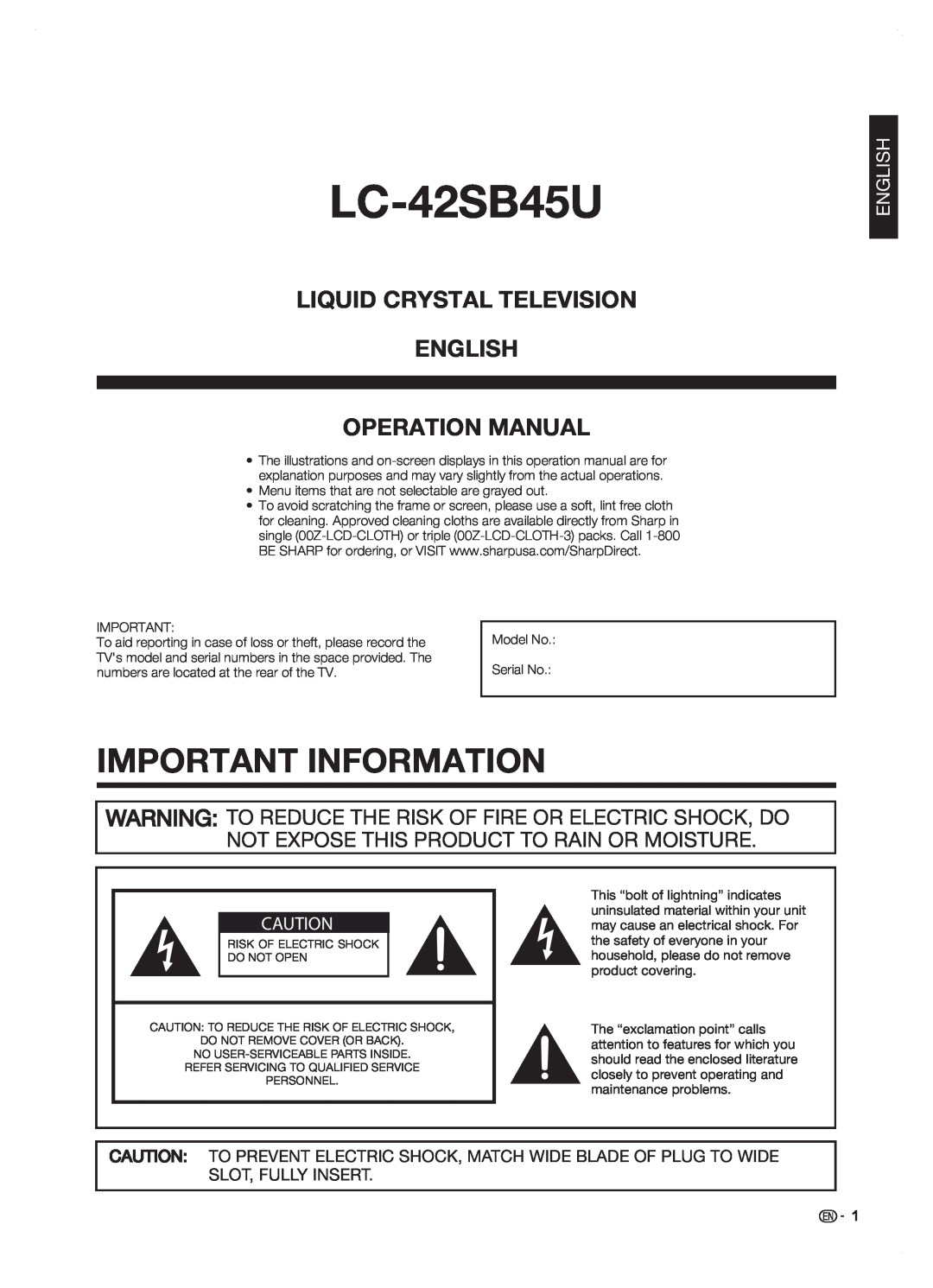 Sharp LC42SB45U operation manual Important Information, LC-42SB45U, Liquid Crystal Television English Operation Manual 