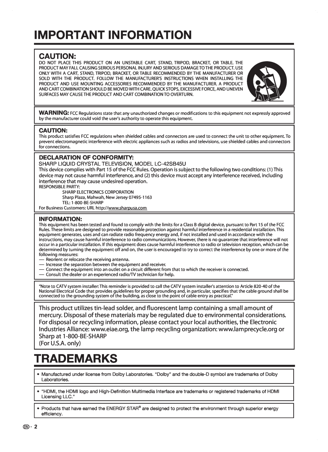 Sharp LC42SB45U operation manual Trademarks, Declaration Of Conformity, Important Information, For U.S.A. only 