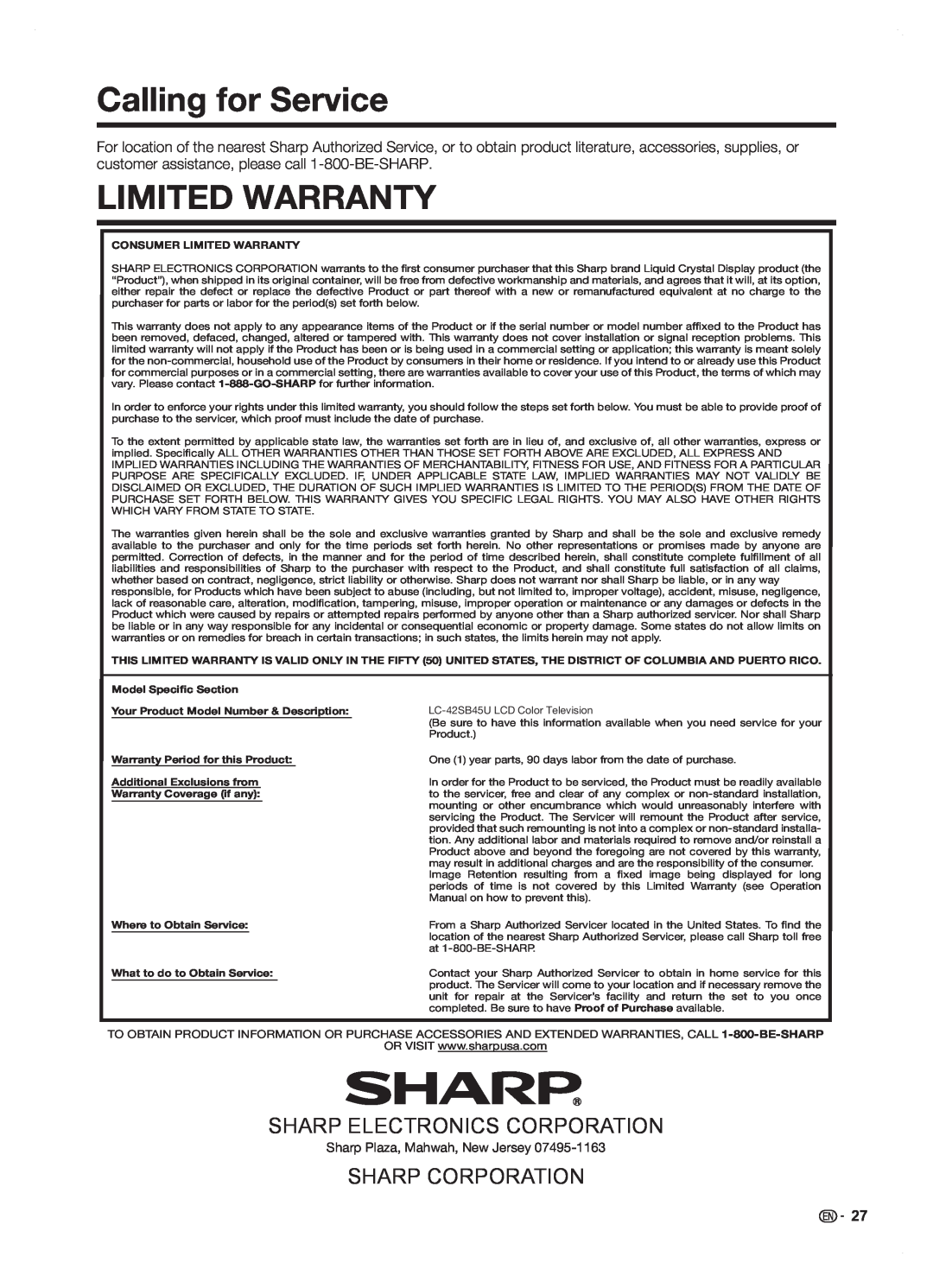 Sharp LC42SB45U operation manual Calling for Service, Limited Warranty, Sharp Electronics Corporation, Sharp Corporation 