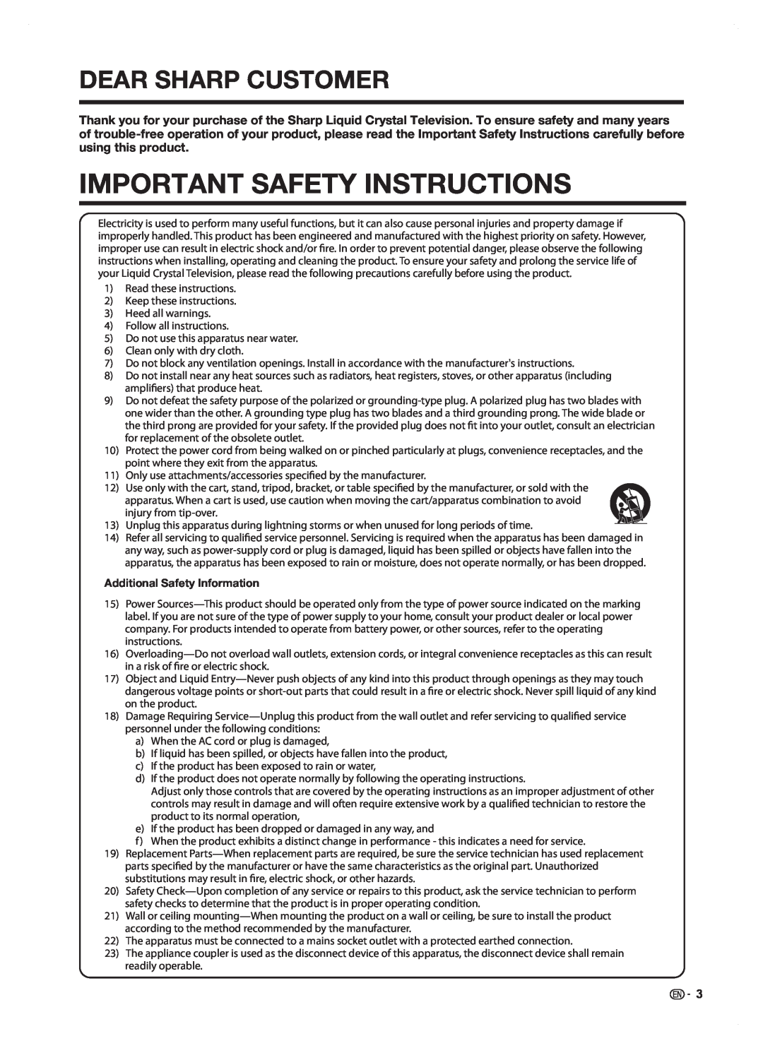 Sharp LC42SB45U operation manual Important Safety Instructions, Dear Sharp Customer, Additional Safety Information 
