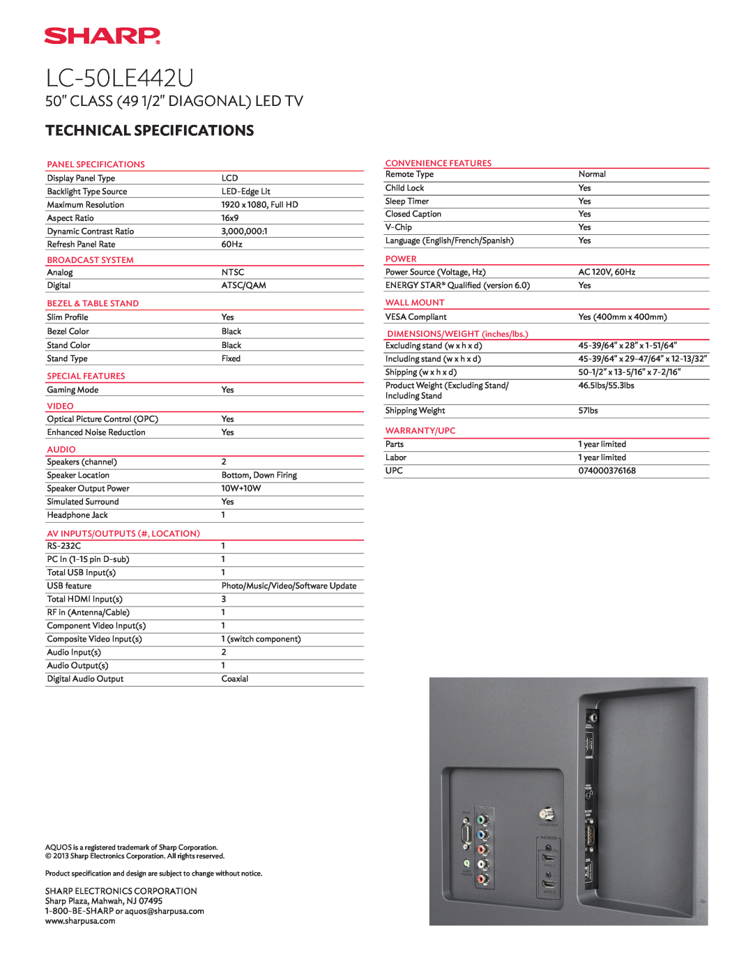 Sharp LC50LE442U manual LC-50LE442U, CLASS 49 1/2 DIAGONAL LED TV, Technical Specifications 