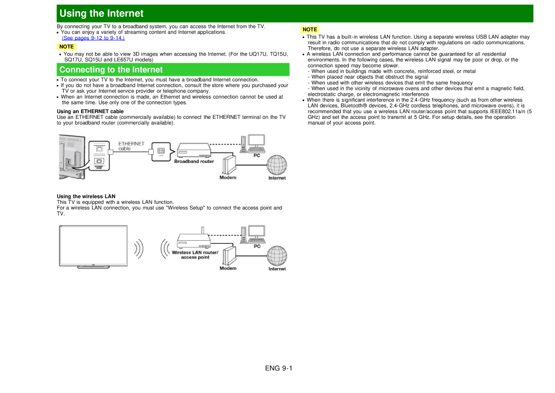 Sharp LC60EQ10U manual Using the Internet, Connecting to the Internet, Using an Ethernet cable, Using the wireless LAN 