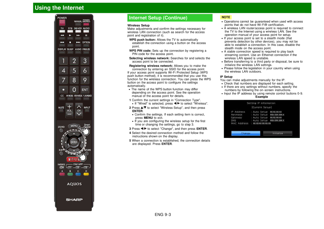 Sharp LC60EQ10U manual Internet Setup Continue, Wireless Setup, IP Setup 