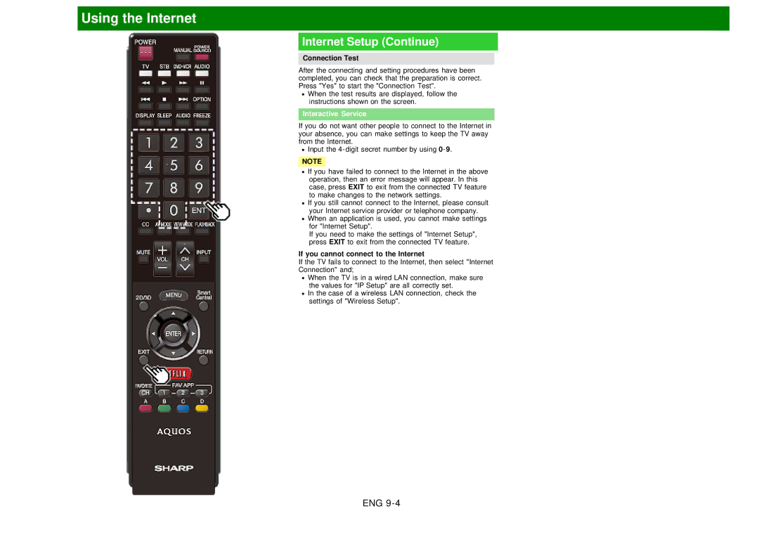 Sharp LC60EQ10U manual Connection Test, Interactive Service, If you cannot connect to the Internet 