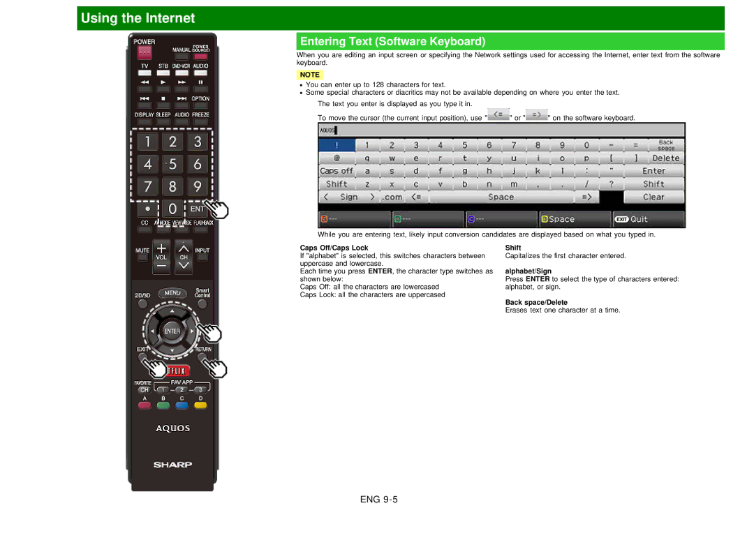 Sharp LC60EQ10U manual Entering Text Software Keyboard, Caps Off/Caps Lock Shift, Alphabet/Sign, Back space/Delete 