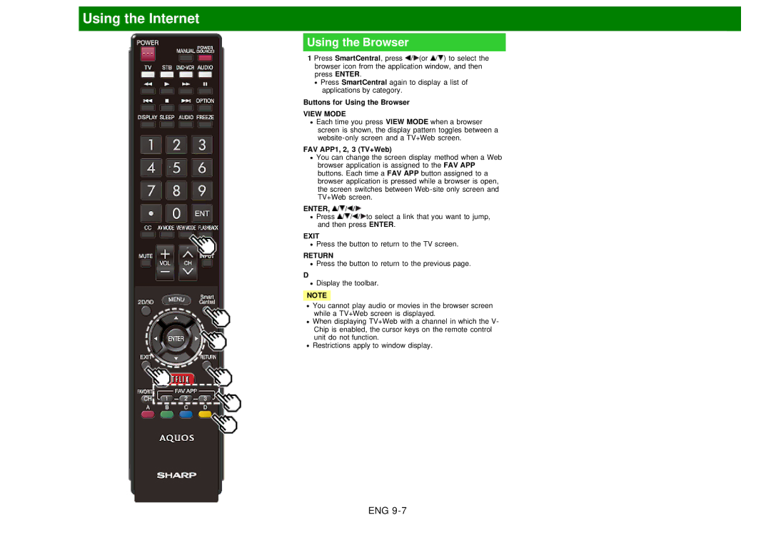 Sharp LC60EQ10U manual Buttons for Using the Browser, View Mode, FAV APP1, 2, 3 TV+Web 