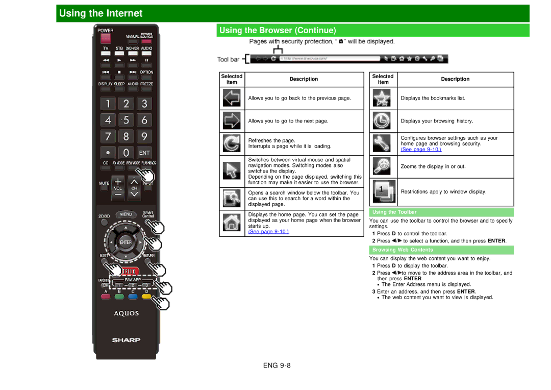 Sharp LC60EQ10U manual Using the Browser Continue, Using the Toolbar, Browsing Web Contents 