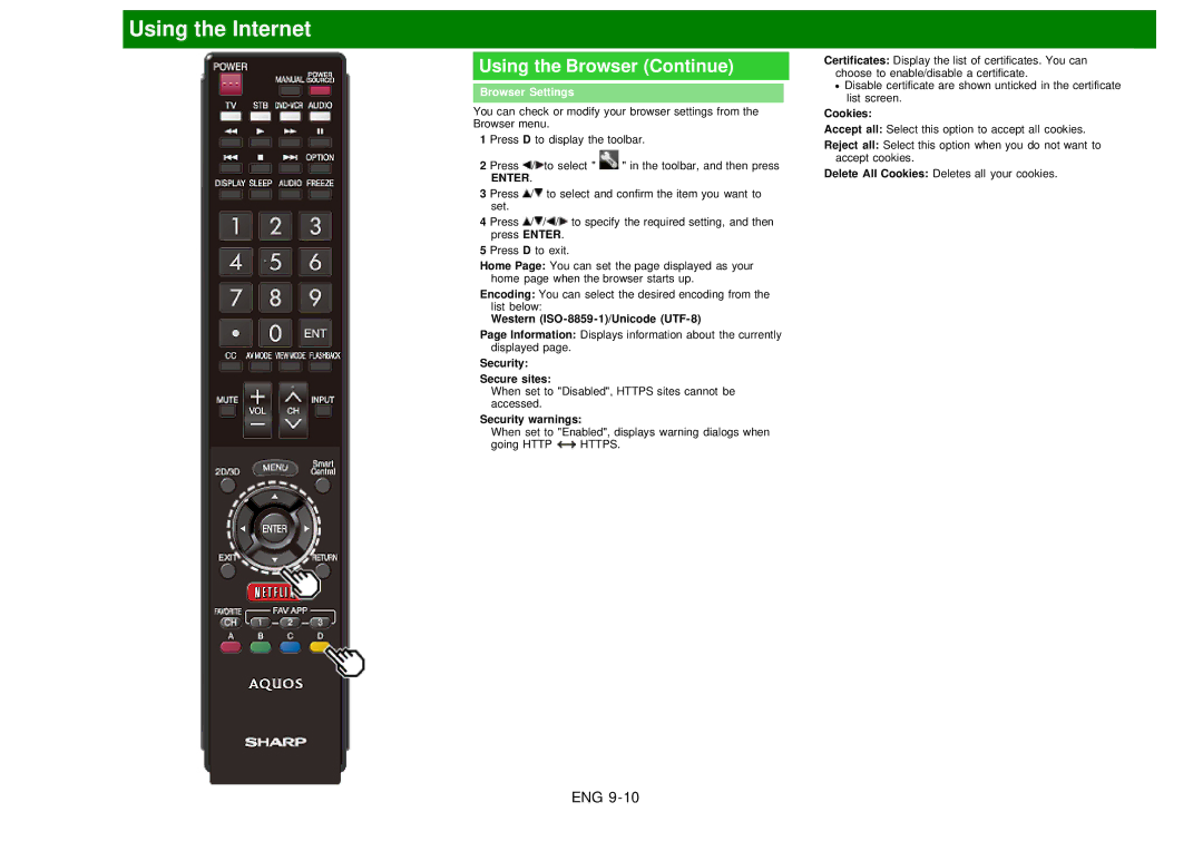 Sharp LC60EQ10U Browser Settings, Western ISO-8859-1/Unicode UTF-8, Security Secure sites, Security warnings, Cookies 