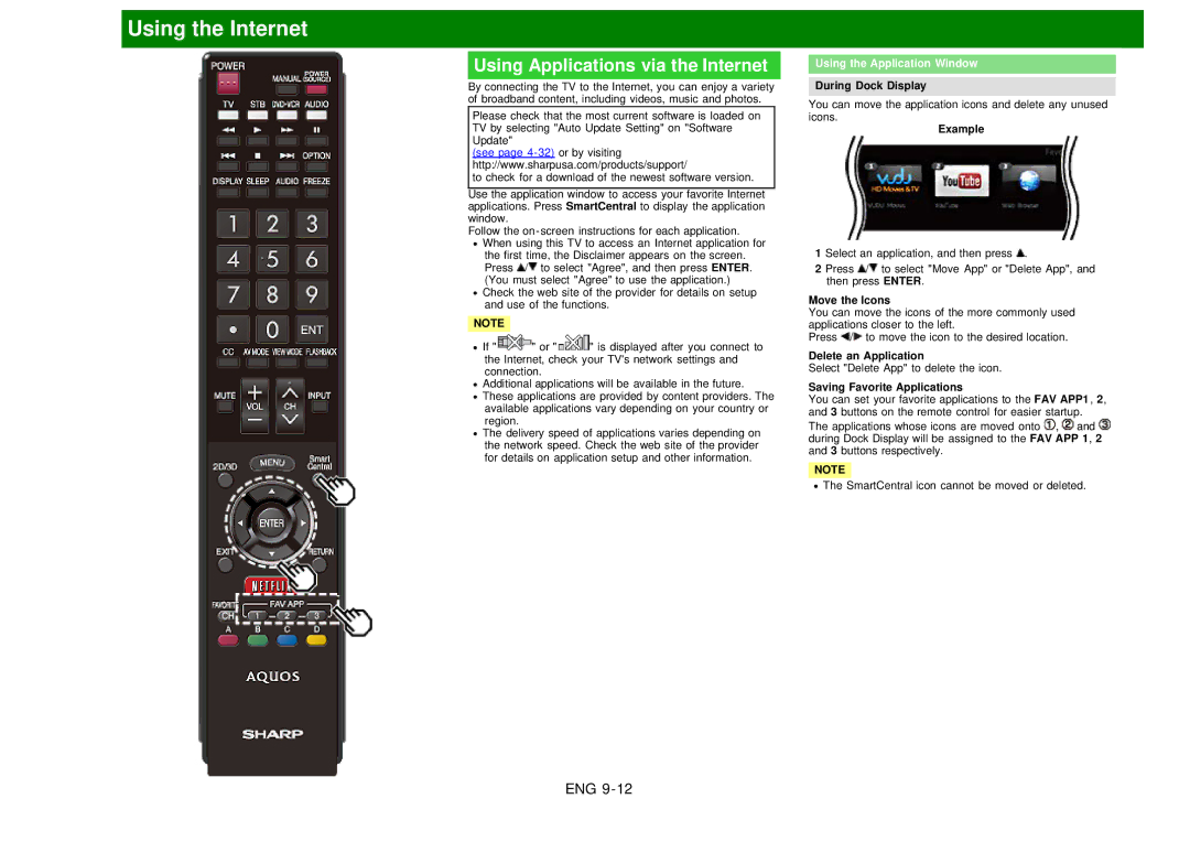 Sharp LC60EQ10U manual Using Applications via the Internet, Using the Application Window 