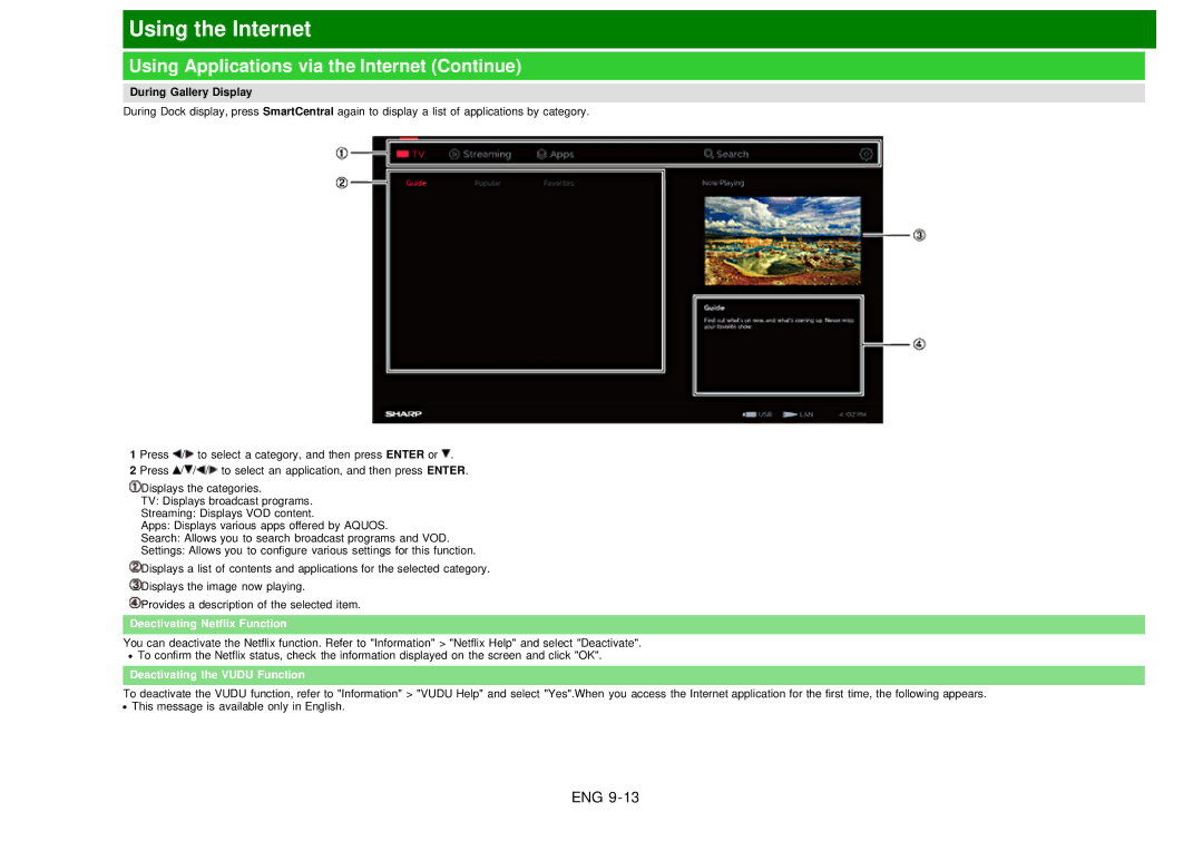 Sharp LC60EQ10U manual Using Applications via the Internet Continue, During Gallery Display, Deactivating Netflix Function 