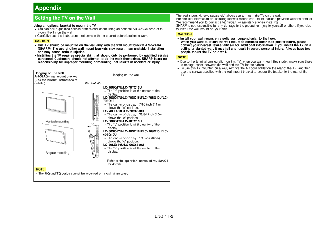 Sharp LC60EQ10U manual Setting the TV on the Wall 