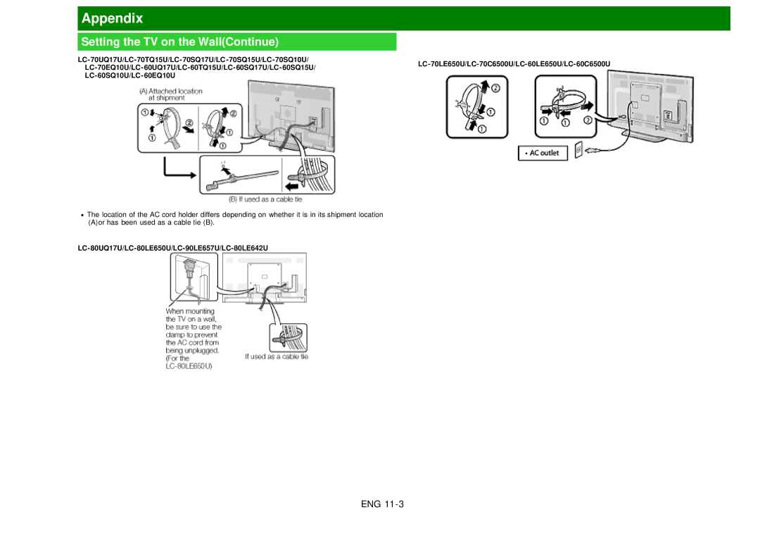 Sharp LC60EQ10U manual Setting the TV on the WallContinue, LC-80UQ17U/LC-80LE650U/LC-90LE657U/LC-80LE642U 