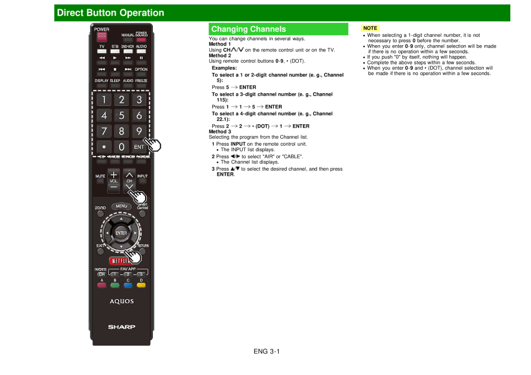 Sharp LC60EQ10U manual Direct Button Operation, Changing Channels, Method 