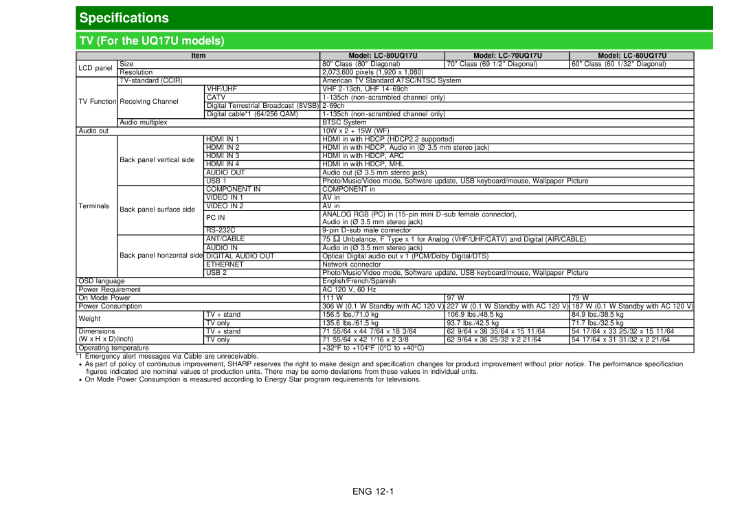 Sharp LC60EQ10U manual Specifications, TV For the UQ17U models, Model LC-80UQ17U Model LC-70UQ17U Model LC-60UQ17U 