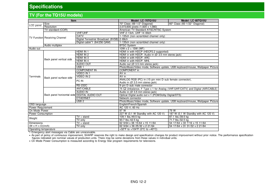 Sharp LC60EQ10U manual TV For the TQ15U models, Model LC-70TQ15U Model LC-60TQ15U 