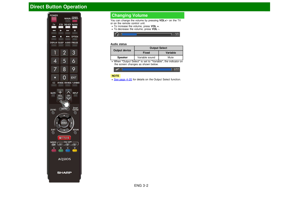 Sharp LC60EQ10U manual Changing Volume 