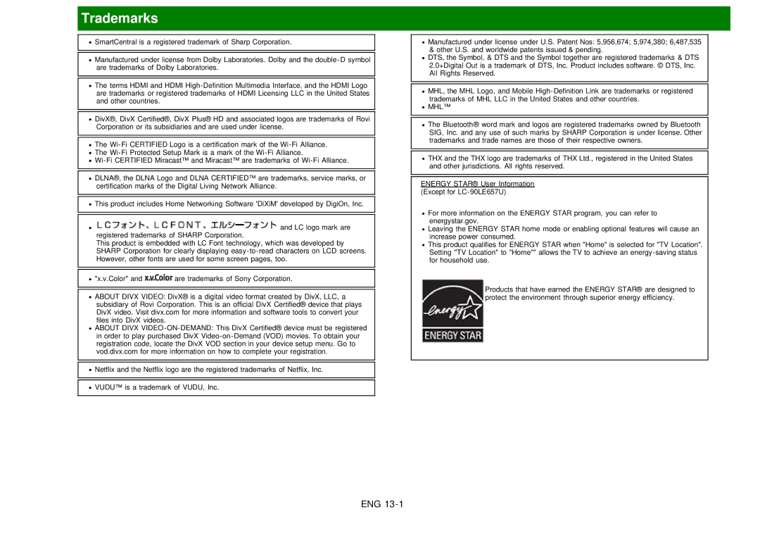 Sharp LC60EQ10U manual Trademarks 