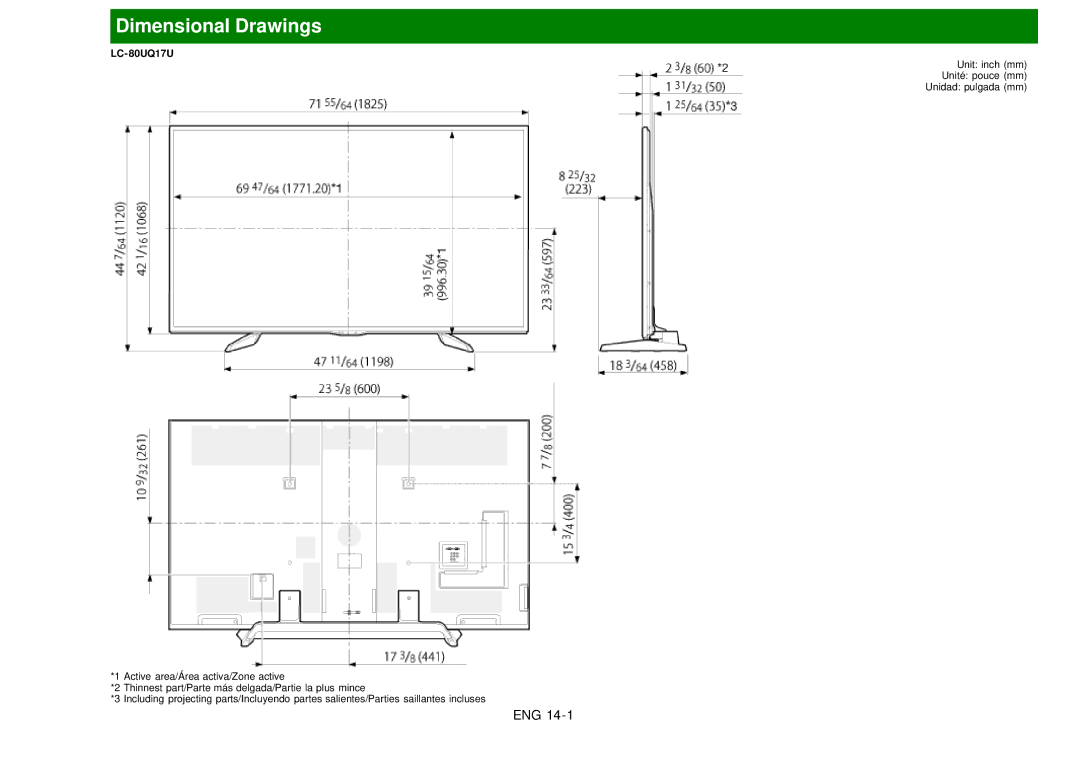 Sharp LC60EQ10U manual Dimensional Drawings, LC-80UQ17U 