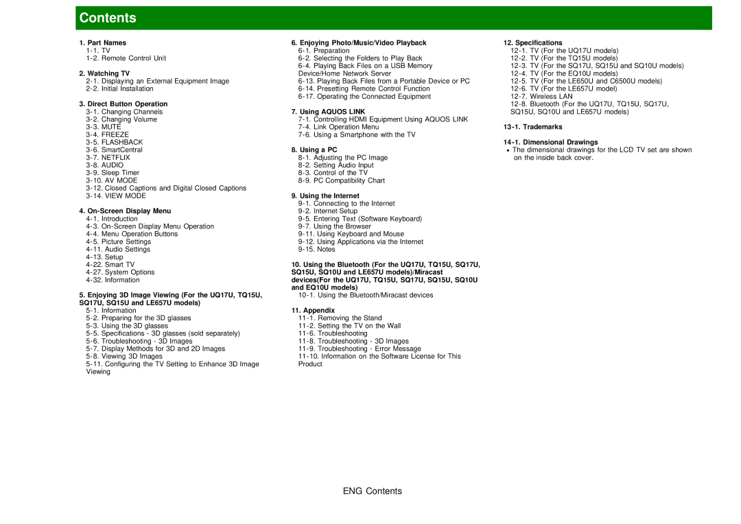 Sharp LC60EQ10U manual Contents 