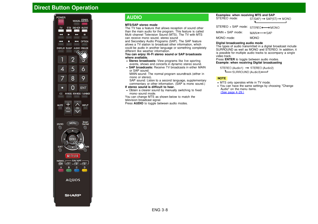 Sharp LC60EQ10U manual MTS/SAP stereo mode, If stereo sound is difficult to hear, Examples when receiving MTS and SAP 