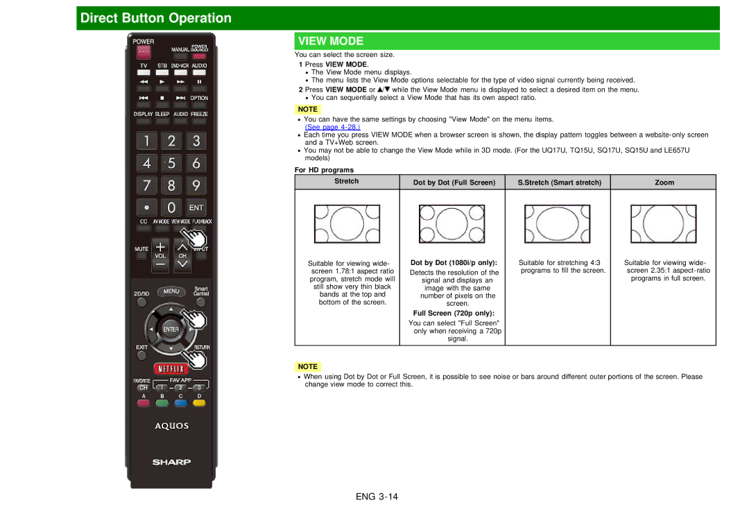 Sharp LC60EQ10U manual Press View Mode, Dot by Dot 1080i/p only, Full Screen 720p only 