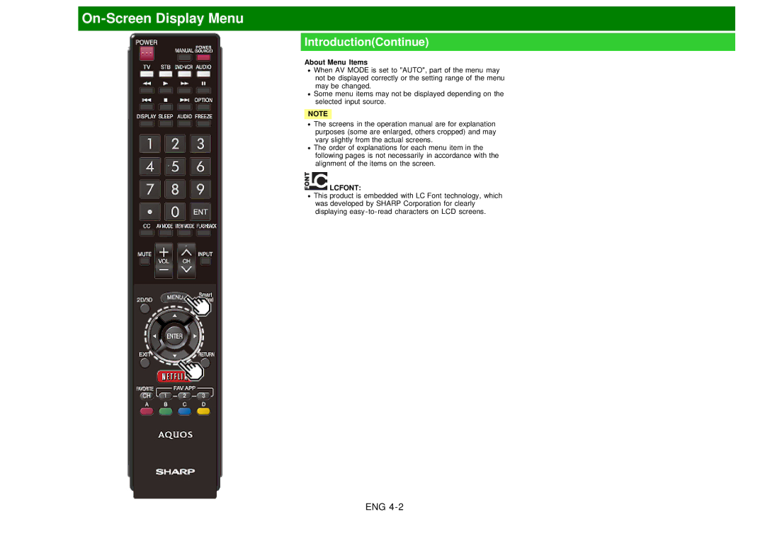 Sharp LC60EQ10U manual IntroductionContinue, About Menu Items, Lcfont 