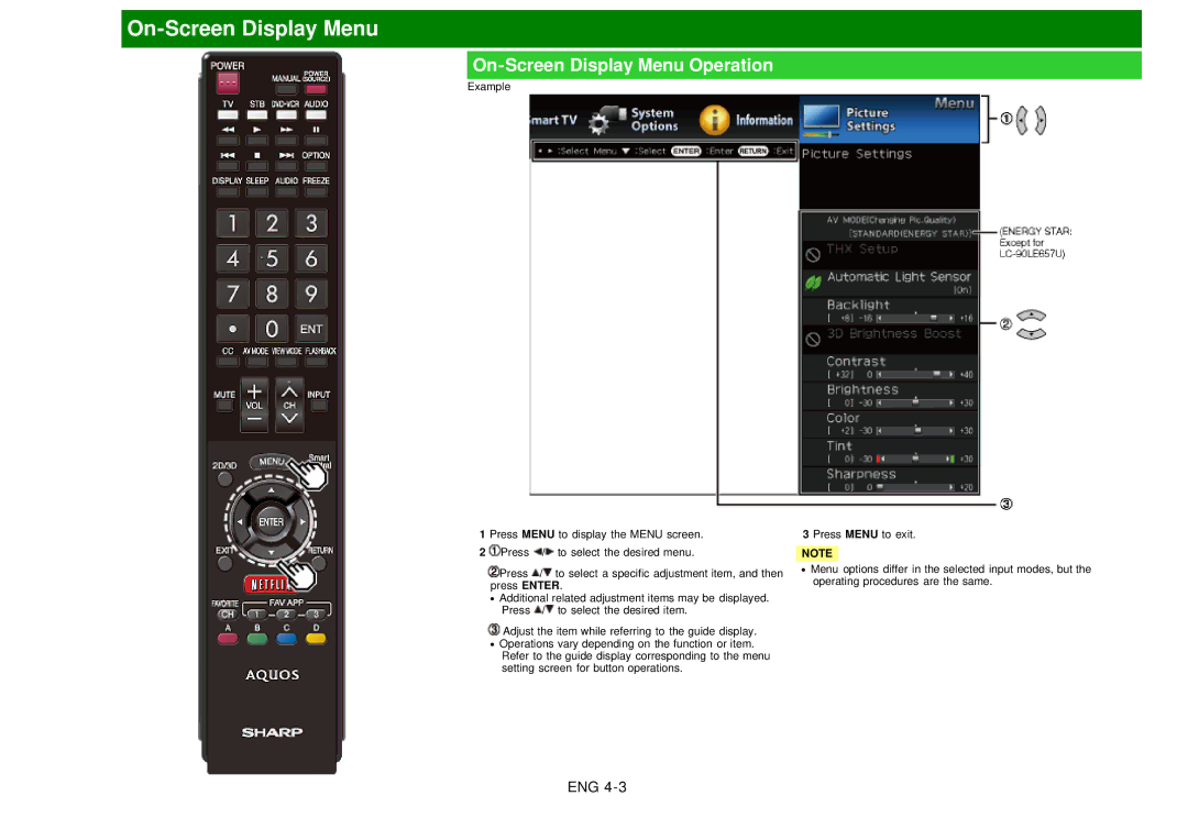 Sharp LC60EQ10U manual On-Screen Display Menu Operation 