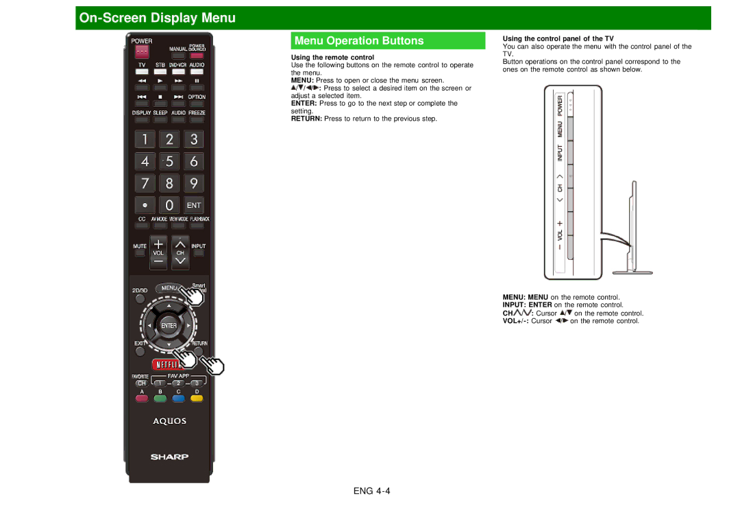 Sharp LC60EQ10U manual Menu Operation Buttons, Using the remote control, Using the control panel of the TV 