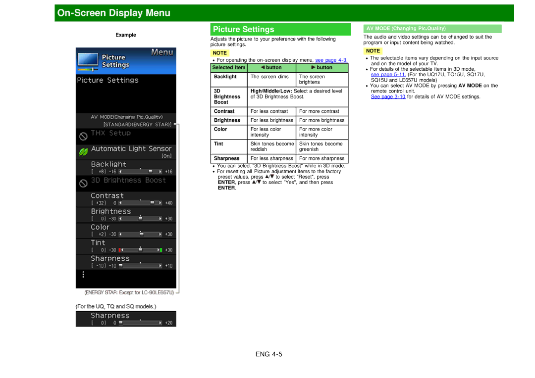 Sharp LC60EQ10U manual Picture Settings, AV Mode Changing Pic.Quality 