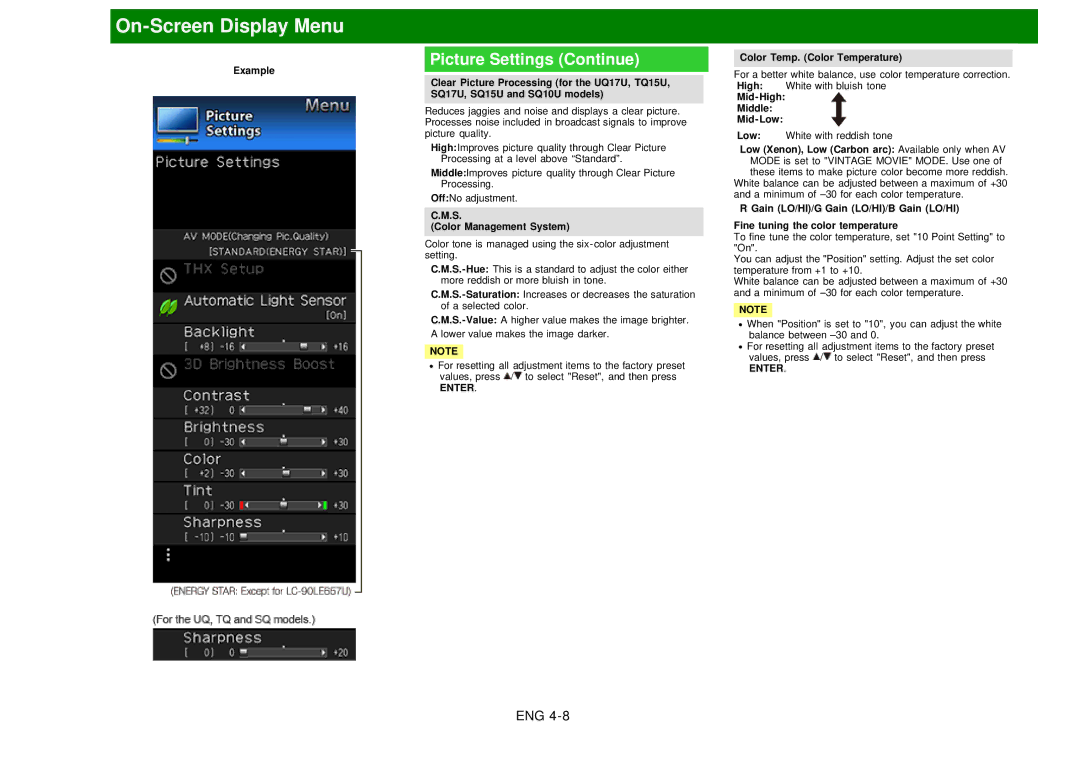 Sharp LC60EQ10U manual Mid-High, Color Management System, Middle Mid-Low 